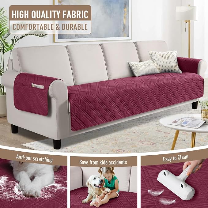 TAOCOCO Waterproof Oversized Couch Covers for Pets Dogs with Non Slip Backing, Sofa Seat Covers with Pocket for 4 Cushion Couch Washable Dog Couch Protector Sofa Slipcovers(Oversized Sofa, Wine) - Image 4