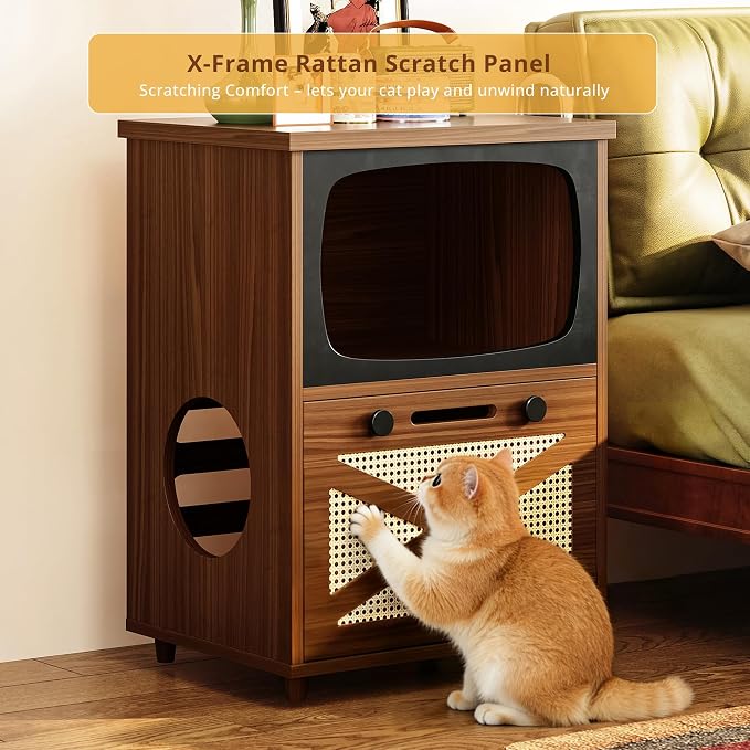 IRONCK 2-Tier TV Shaped Cat Litter Box Enclosure with Rattan Scratch Board | 2-in-1 litter cabinet. Fits standard litter boxes. 2-tier. Scratching board. Works as side table. Cat-friendly materials - Image 4