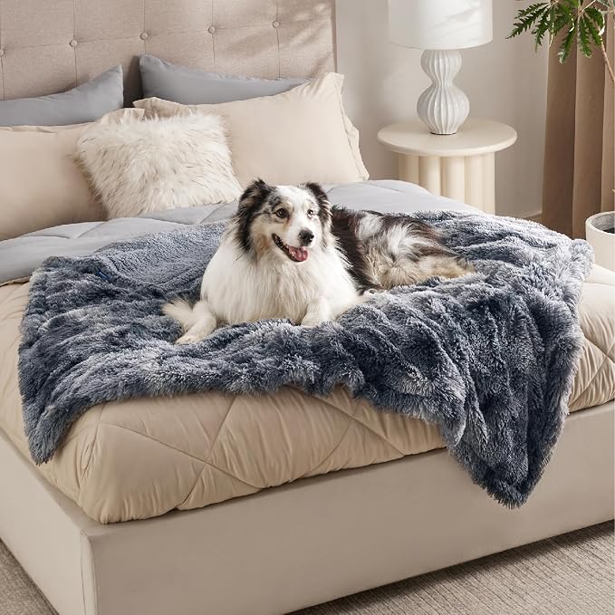 Bedsure Waterproof Dog Blankets for Large Dogs, Fluffy Faux Fur, 50×60" | Plush Fuzzy Reversible Pet Blankets for Couch and Dog Bed, Soft Calming Throw Cat Blanket Washable, Dog Gift, Tie-dye Grey - Image 2