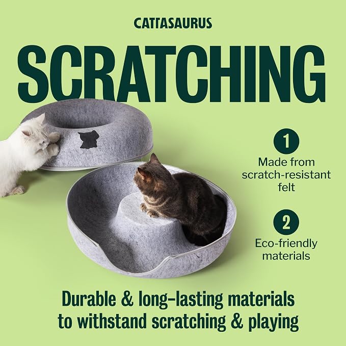 Cattasaurus Peekaboo Cat Cave Donut for Multiple & Large Cats up to 30-45 lbs, 3-in-1 Self Warming Cat Bed, Tunnel & Scratcher for Indoor Cats, Washable & Detachable (Light Gray + Light Gray, Large) - Image 6
