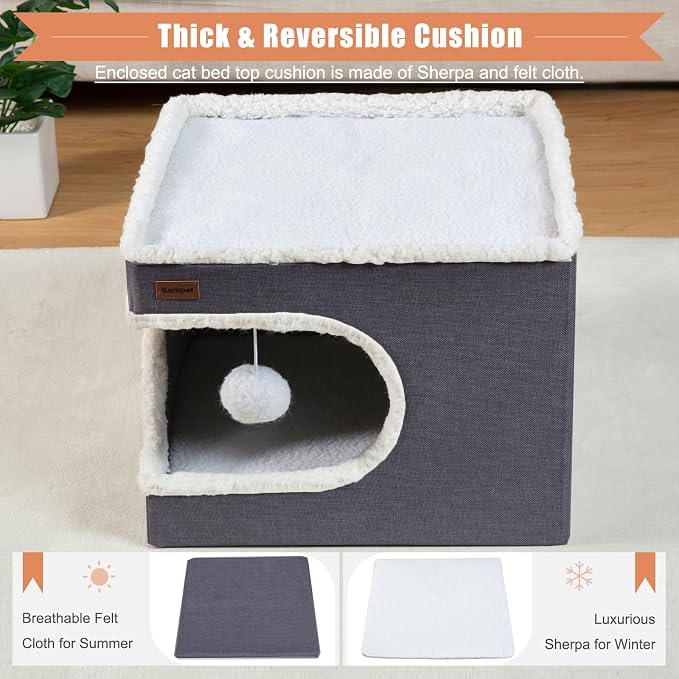 Garnpet Cat Bed for Indoor Cats Cube House, Covered Cat Cave Beds & Furniture with Scratch Pad and Hideaway Tent, Cute Modern Cat Condo for Multi Small Pet Large Kitten Kitty, Dark Grey - Image 3