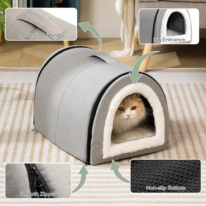 Hollypet Cat Bed Cave for Indoor Cats for Pets up to 20 lbs, Gray | Warm Cat Arched Cave Bed Condo, Covered Kitty House with Removable Washable Cushion, Cozy Enclosed Pet Bed for Small Dogs - Image 5
