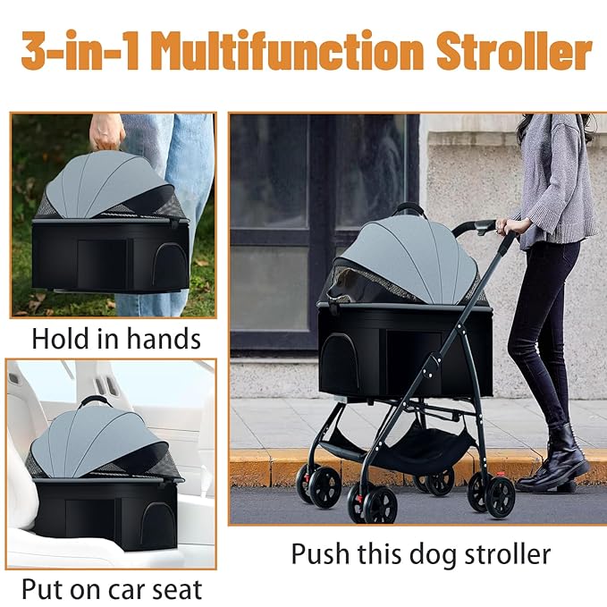 3-in-1 Pet Dog Stroller, Dog Wagon with Removable Carrier, Cat Stroller for Medium Dogs Up to 55lbs (Grey)