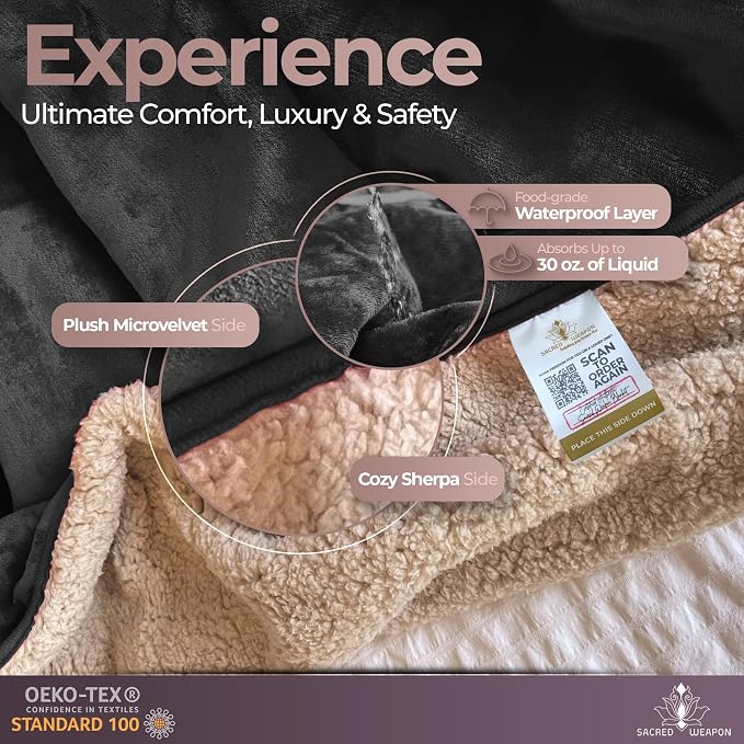 Sacred Weapon Waterproof Blanket for Bed – Leak & Stain Proof Splash Throw – Fuzzy Cuddle Dry Towel, Pad, Couch Cover – Queen & Twin Size – Washable – Black Waterproof Mattress Protector -50x80 in - Image 4