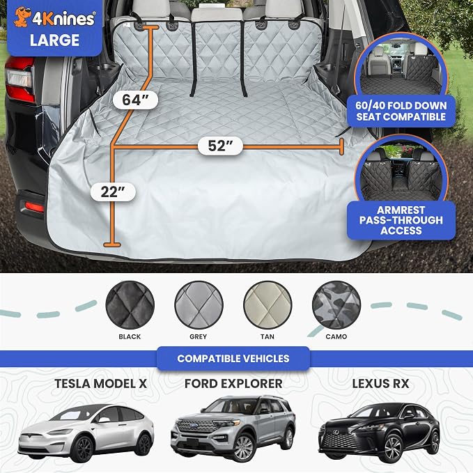 4Knines Split Cargo Liner for SUV – for Dogs & Pets, Heavy-Duty, Waterproof Trunk Mat & Cargo Cover – Fits 60/40 Split Bench & Armrest Pass-Through – Machine Washable, Non-Slip, Durable (Large, Grey) - Image 2