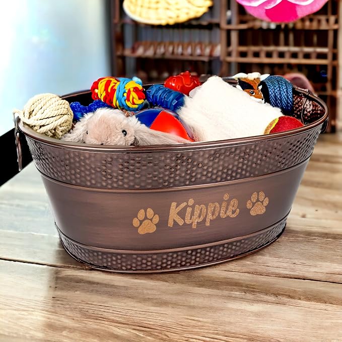 BREKX Personalized Metal Dog Toy Bin - Copper Galvanized Storage Bin with Handles, Basket for Pet Toys, Dog Toy Box, Pet Storage - Custom Dog Name Gift - Image 6