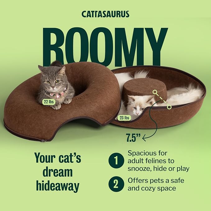 Cattasaurus Peekaboo Cat Cave Donut for Multiple & Large Cats up to 30-45 lbs, 3-in-1 Self Warming Cat Bed, Tunnel & Scratcher for Indoor Cats, Washable & Detachable Small Dog Bed (Brown, Large) - Image 5