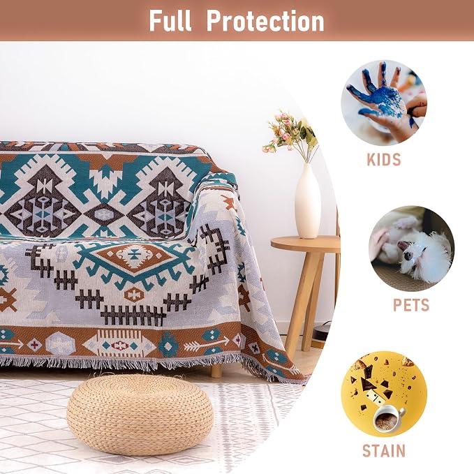 Homcosan Sofa Slipcovers Towel Reversible Geometrical Sectional Couch Cover Sofa Blanket for 3 Seat Boho Sofa Cover with Tassels Couch Protector for Pets, Kids - Image 5