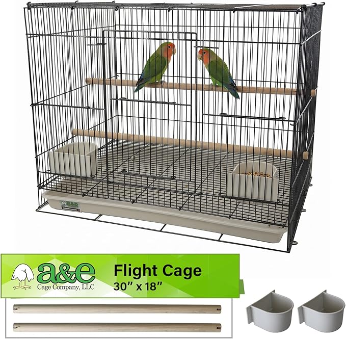 A&E Cage Co 504 Flight Bird Cage for Finches & Parakeets, 30"x18"x18" Black | 2 Slide-Up Feeder Doors, Wood Perch, Slide-Out Cleaning Tray, Carry Handle, Roomy Flight Space for Canaries by Unknown