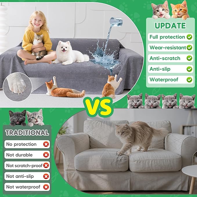 Cat Scratch Proof Furniture Protector - Anti-Slip, Waterproof Sofa Cover to Keep Cats Off, Pet-Friendly Anti-Scratch Couch Protectors for 3 Cushion Couch, Gray Sofa Cover for Pets and Kids 118"X71" - Image 6