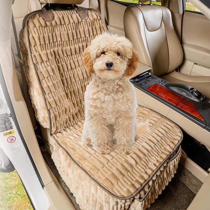 Dog Car Seat Cover Front Seat, Soft Plush Waterproof Protector,Tan | Non-Slip Backing, Side Flaps, Full Coverage, Hair, Dirt & Scratch Defense, Machine Washable, Fits Cars, SUVs & Trucks by YOVEEKLE