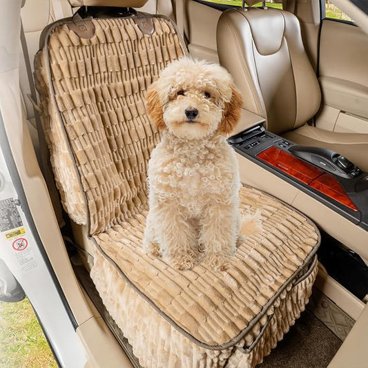 Dog Car Seat Cover Front Seat, Soft Plush Waterproof Protector,Tan | Non-Slip Backing, Side Flaps, Full Coverage, Hair, Dirt & Scratch Defense, Machine Washable, Fits Cars, SUVs & Trucks by YOVEEKLE