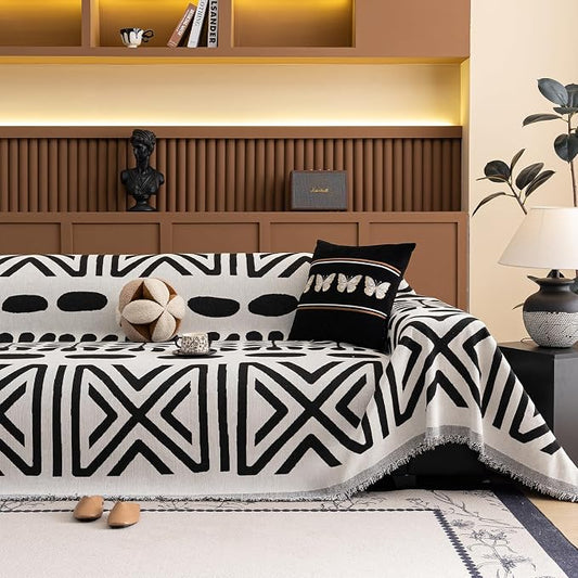 VClife Bohemian Couch Cover Western Aztec Sofa Cover for 3-4 Cushion Couch Sofa Washable Chenille Sofa Slipcover Boho Non Slip White Black Geometric Couch Slip Cover for Sectional Sofa 71''x150'' by VCLIFE