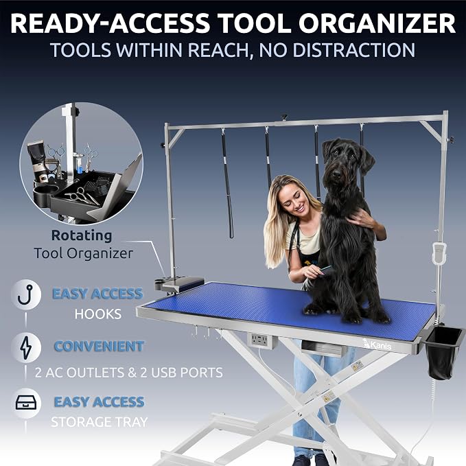 KANIS Professional Electric Dog Grooming Table - Heavy Duty | Height Adjustable Pet Grooming Table w/Leveling Wheels, Dog Grooming Arm, Anti-Slip Tabletop & Tool Organizer (White, 60") - Image 8