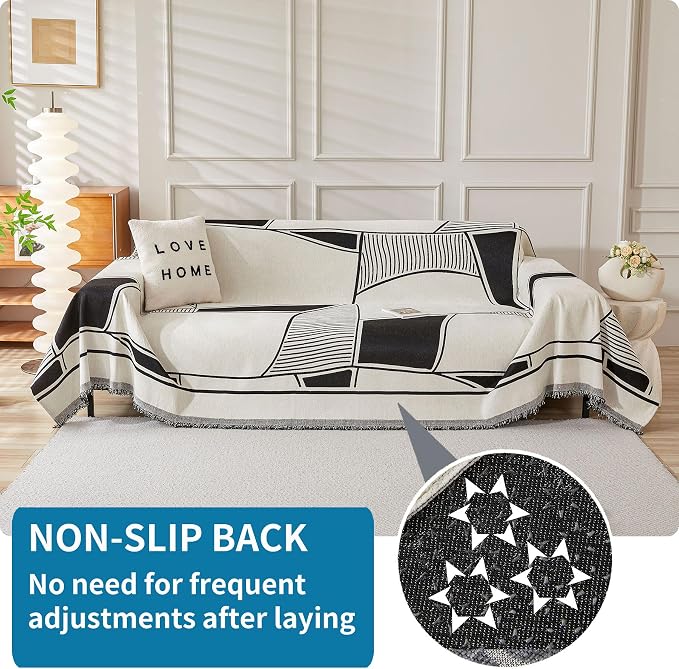 HAOMAIJIA Non Slip Couch Cover Sofa Covers for 3 Cushion Couch Washable sectional Couch Covers for Dogs pet Furniture Protector Couch Cover Blanket for Living Room (Black-Cream, 91"x134") - Image 2