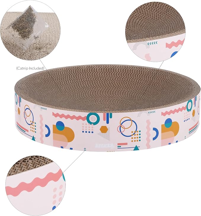 CSR1010A Nelson 20.13" Modern Cardboard Round Bowl Cat Scratcher with Catnip, Light Pink/Multi - Image 3