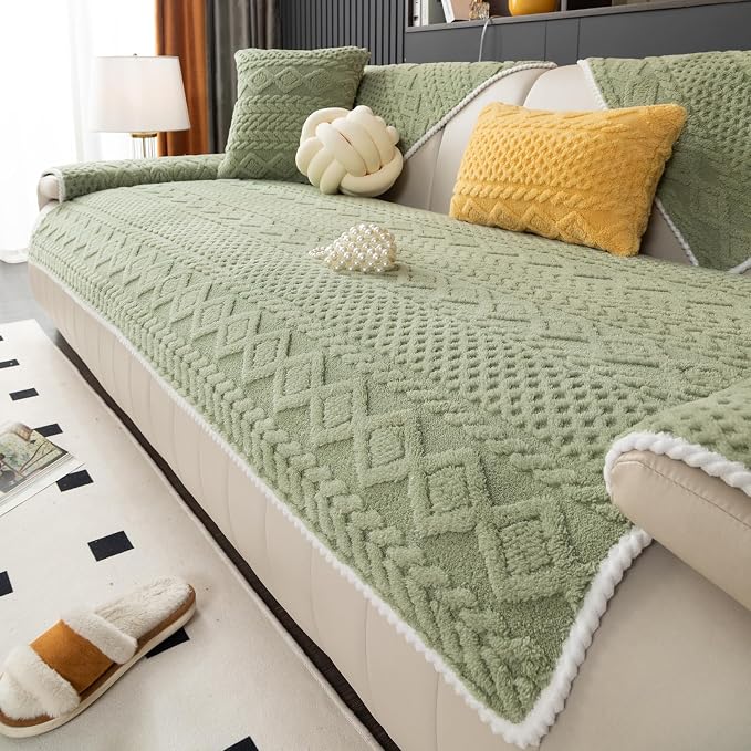 vctops Cable Jacquard Plush Sofa Couch Covers Boho Fuzzy Couch Cover for Dogs Soft Non Slip Sectional Sofa Slipcover Thick Warm Washable Furniture Protector for Kids, Pets (Sage Green,43"x82") by vctops