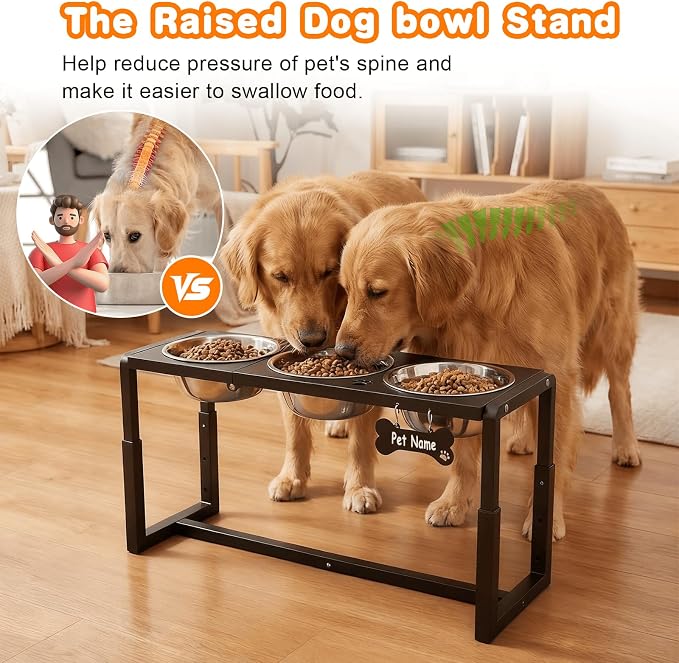 Metal Elevated Dog Bowls for Medium/Large Breed, 3 Adjustable Height(8.8''/11.5''/14'') Raised Dog Bowls Stand with Three 58oz Large Stainless Steel Dog Bowls, with The Splash pad - Image 2