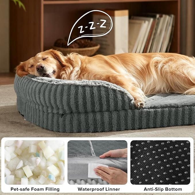 MIXJOY Orthopedic Dog Beds Large Sized Dog,Extra Large Washable Dog Bed Waterproof Oval Dogs Bed with Removable Cover,Egg-Crate Foam Big Pet Bed Couch with Bolster,Non-Slip Bottom,XL 42"X32",Grey - Image 6