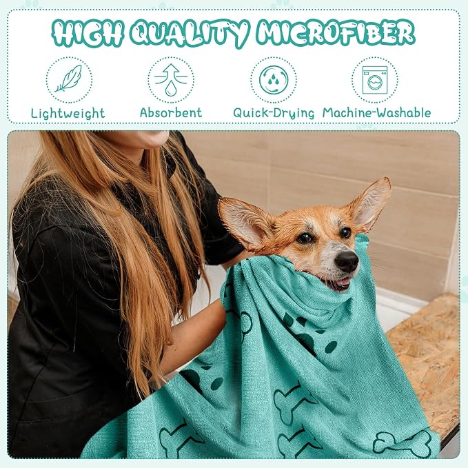 Tatuo 22 Pcs Dog Towels for Drying 20 x 40 Inch Pet Bath Towels Absorbent Microfiber Towel Quick Drying Puppy Bathing Supplies for Small Medium Large Dog Puppy Cat(Teal,Bone Pattern) - Image 5
