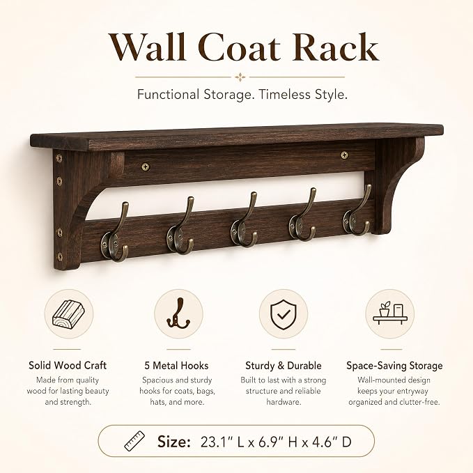 Wall Mounted Coat Rack with Shelf, Solid Wood & Metal Hooks – 23.2 Inch Entryway Organizer with 5 Hooks for Hanging Coats, Hats, Bags, Keys, Rustic Brown for Hallway, Bedroom, Bathroom（23.2 Inch） - Image 2