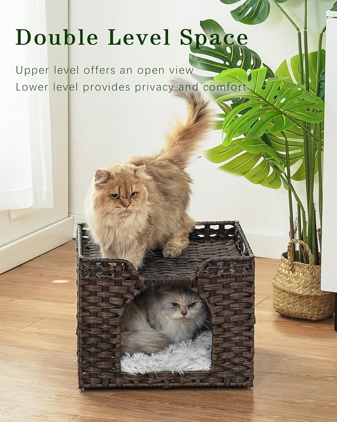 SETVSON Cat Beds Indoor Kitten House, Handwoven PE Rattan Cave, Brown | Double-Layer Rattan Pet Cube, Double-Sided Cushion Bed, Foldable Steel Frame, 2 S-Hooks, 16.5x16.5x13.2 In Hideaway - Image 2