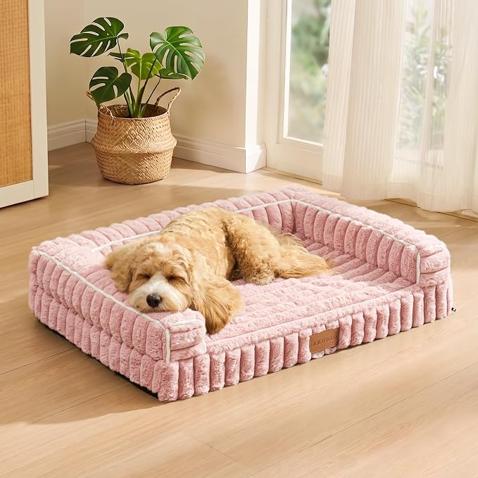 Orthopedic Calming Large Dog Bed Pet Sofa Bed 48''X30'' Pink | 3-Sided Pet Couch Large Sized Dog, Soft Egg-Crate Foam Dog Mat, Waterproof Removable Washable Cover, Nonskid Bottom Cat Bed - Image 3