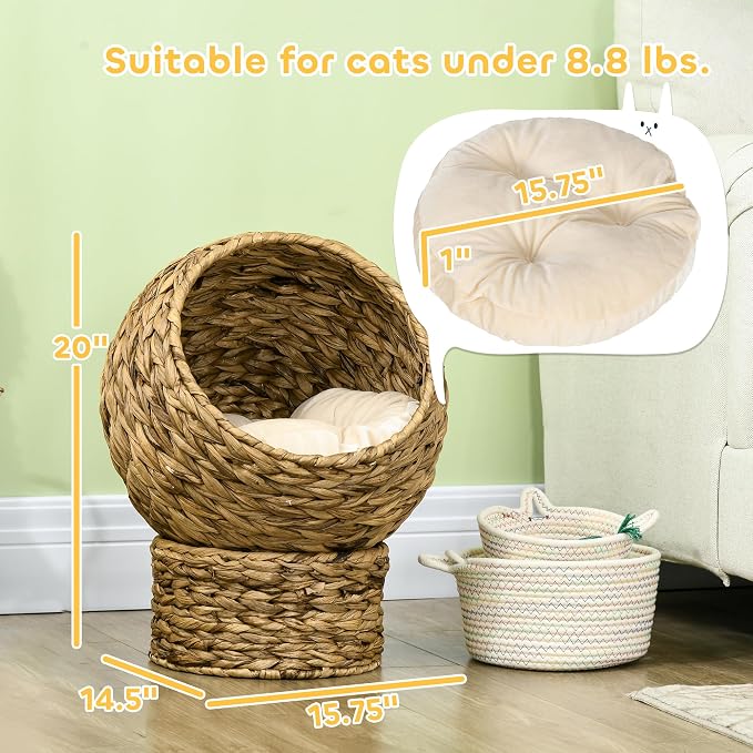 PAWHUT Egg Chair Rattan Elevated CAT Bed with Removable Cover, 17-in, Brown | Soft Cushion & Egg Chair Shape, Basket Bed Kitty House with Stand, Raised Wicker House - Image 7
