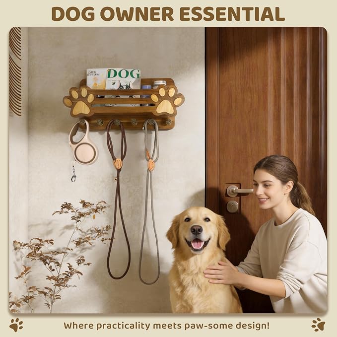 MTERSN Acacia Wood Dog Leash Holder for Wall – Cute Dog Paw Key Holder Wall Mount with Floating Shelf and 6 Hooks, Rustic Mail Organizer for Dog Accessories & Home Decor(Acacia Wood) - Image 3