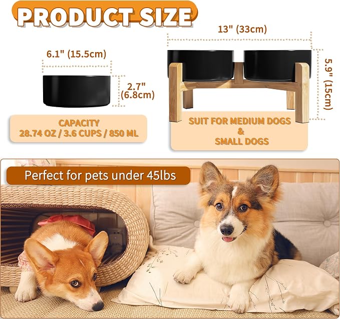 Elevated Ceramic Dog Bowl, 3.6 Cups Dog Food and Water Bowl Set with Stand | 6.1'' Double Dog Feeding Dishes, Non-Slip Raised Dog Feeder for Small and Medium Breeds, 28.74 OZ / 850 ML, White - Image 2