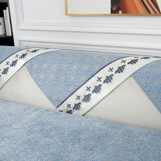 DREAMINGO Couch Backrest Cover, European Embroidery Jacquard Armchair Couch Protector, 1 Piece Anti Slip Pet Sofa Covers Washable Soft Chenille with Lace Edge, Blue, 35.4"x35.4" by DREAMINGO