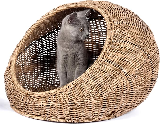 D+GARDEN Wicker Cat Bed Dome for Medium Indoor Cats - a Covered Cat Hideaway Hut of Faux Rattan Houses Pets in Dome Basket, Washable - Image 7