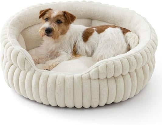Bedsure ComfyFleece™ Washable Cute Small Medium Dog Bed,Round Pet Bed,26in | Cozy Donut Soft Fluffy Plush,Comfort Corduroy Cuddler Pet Beds,Luxury Aesthetic,Anti-Slip Bottom,Up to 30 Lbs,Cream by Unknown
