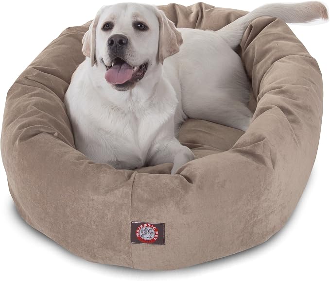 Majestic Pet 40 Inch Micro Velvet Calming Dog Bed Washable – Cozy Soft Round Dog Bed with Spine for Head Support - Fluffy Donut Dog Bed 40x29x9 (inch) – Round Pet Bed Large – Pearl by MajesticPet