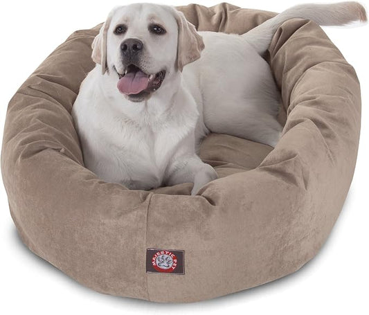 Majestic Pet 40 Inch Micro Velvet Calming Dog Bed Washable – Cozy Soft Round Dog Bed with Spine for Head Support - Fluffy Donut Dog Bed 40x29x9 (inch) – Round Pet Bed Large – Pearl by MajesticPet