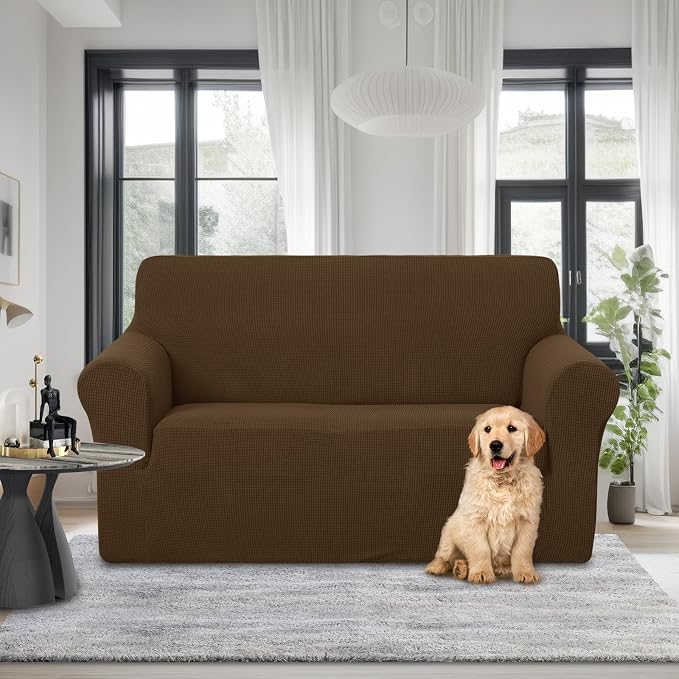 U-NICE HOME Loveseat Cover Stretch Couch Cover Sofa Slipcover, Brown | 2 Cushion Sofa, 1-Piece Sofa cover, Washable, Pet friendly, Furniture protector, Polyester Spandex Jacquard fabric - Image 2