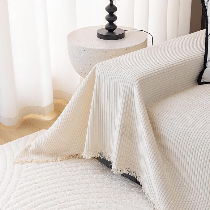 DREAMINGO Modern Minimalist Sofa Covers Washable Pet Furniture Protector Couch Cover for Dogs Cozy Chenille Couch Cover Blanket Stripe Textured Sectional Couch Slipcovers (X-Large, Cream White) - Image 5