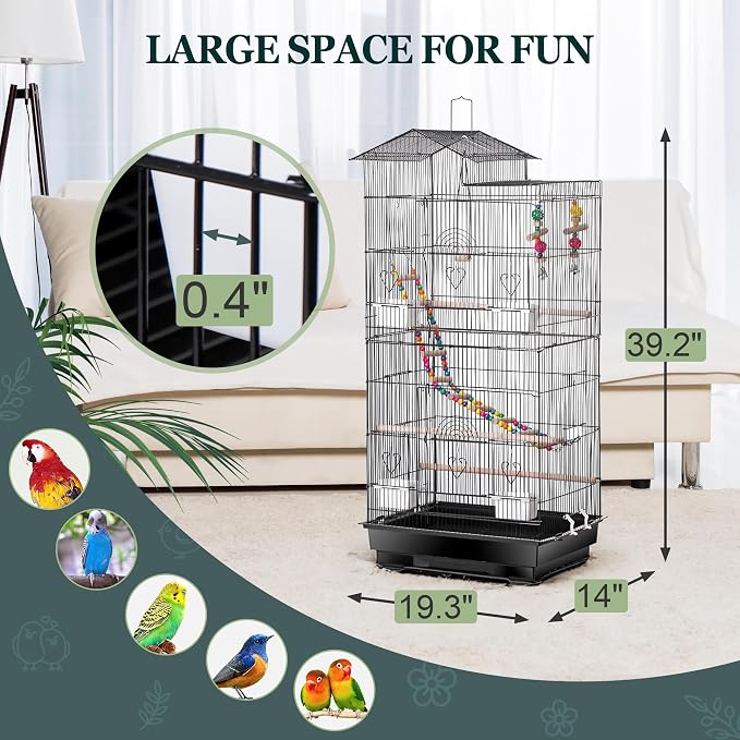 ZENY 39-inch Roof Top Large Flight Parrot Bird Cage for Small Quaker Cockatiel Canary Sun Parakeet Green Cheek Finch Budgie Lovebirds Wrought Iron Pet Bird Cage w/Toys - Image 5