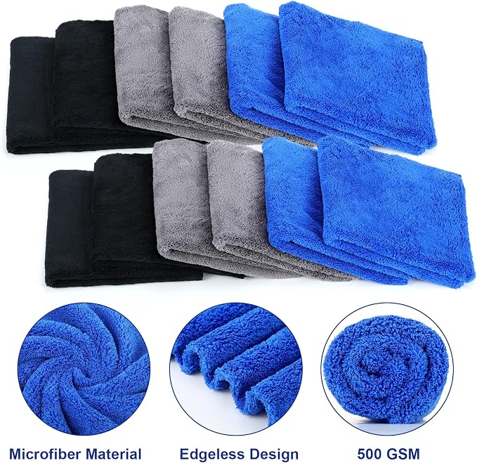 Shimeyao 30 Pcs16 x 16 Inch Edgeless Microfiber Plush Towels for Cars Detailing Drying Wash Polishing Absorbent Cleaning Cloths, 500 GSM (Navy Blue, Gray, Black) - Image 3