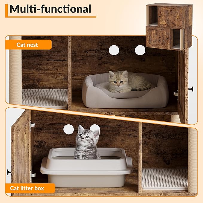 Litter Box Cabinet, Hidden Cat Litter Box Furniture with Dual Compartments, Odor Control & Scratch-Resistant Panels, Compact Enclosure for Multiple Cats, White Black Grey - Image 3
