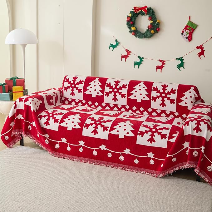 MEETSKY Christmas Couch Cover for Sectional Sofa, Chenille Loveseat Red Sofa Covers Washable for Pet Friendly Snowflake Christmas Tree Decorative Couch Covers, 71" x 118" - Image 8