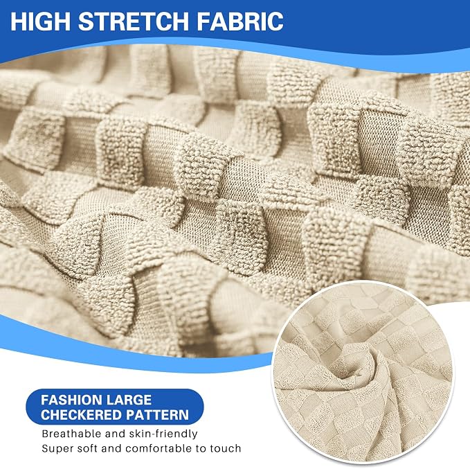 YEMYHOM Stretch Individual Cushion Covers Sofa Chair Seat Cushion Slipcovers Soft Couch Cover Replacement Large Checkered Furniture Protector with Elastic Bottom (1 Pc Cushion Cover, Light Beige) - Image 5