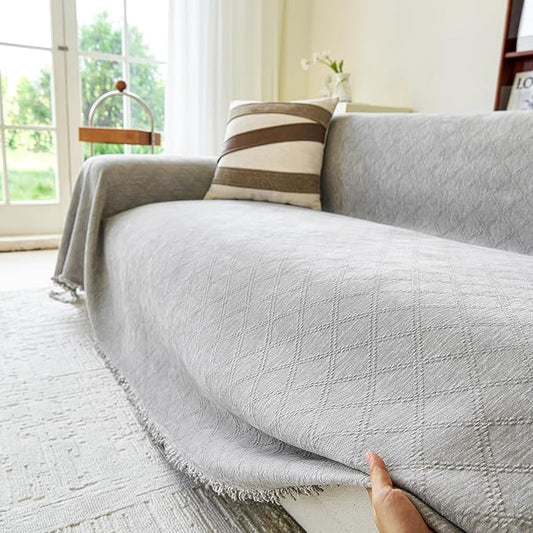 VANJOROY Grey Couch Cover for 2 Cushion Sectional Sofa L-Shape -Washable Chenille Couch Cover for Dogs Pets, Sofa Cover Protector Soft Sofa Slipcovers with Tassel,71"x 118" by CHOOSEVANJOROYENJOYAMORECOMFORTABLEFEELING