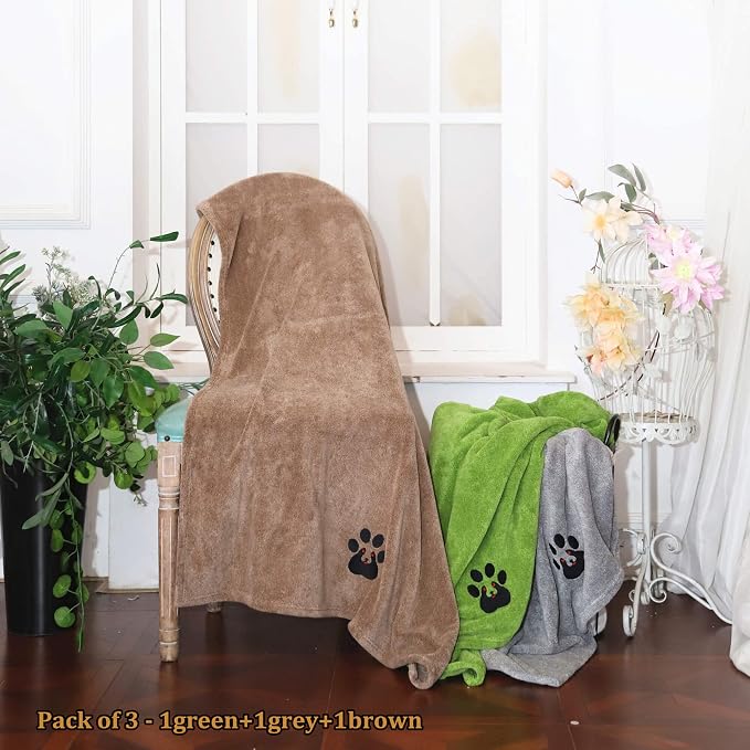 Dogvingpk Extra Large Dog Towel 3 Pack, Super Absorbent Soft Quick Drying Microfiber Pet Bath Towels for Large & Medium Dogs (XL-55" * 36", Green and Brown and Grey) - Image 2