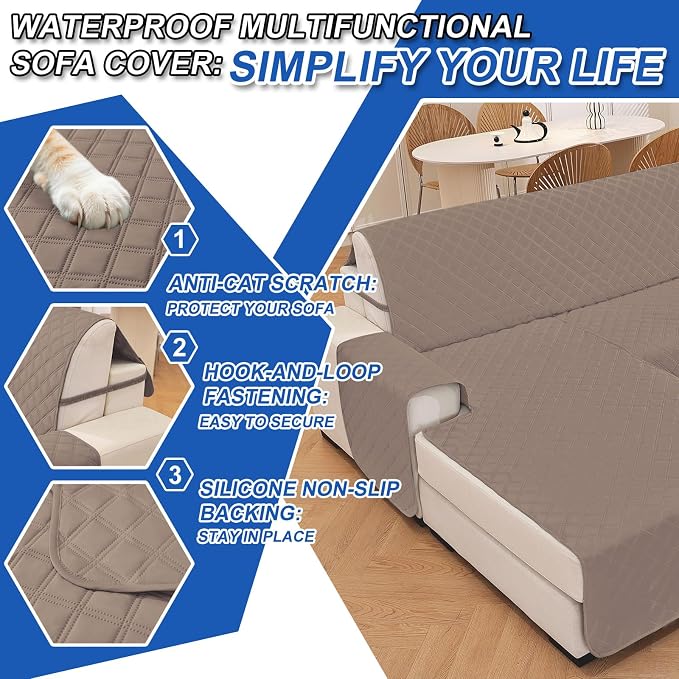 Waterproof Large Sectional Couch Covers for Dogs, Reversible L Shaped Couch Cover, Sofa Covers Washable Sectional, Furniture Protector Cover for Pets Kids (X-Large, Light Brown) - Image 6