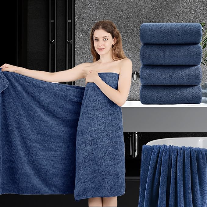 4 Piece Extra Large Bath Towel 35"x70" Oversized Bath Sheet Navy Blue Bath Towel Set for Bathroom Ultra Soft Cozy Highly Absorbent Quick Dry Bathroom Towel for Spa Gym Hotel,Shower Towel for Daily Use by JessyHome