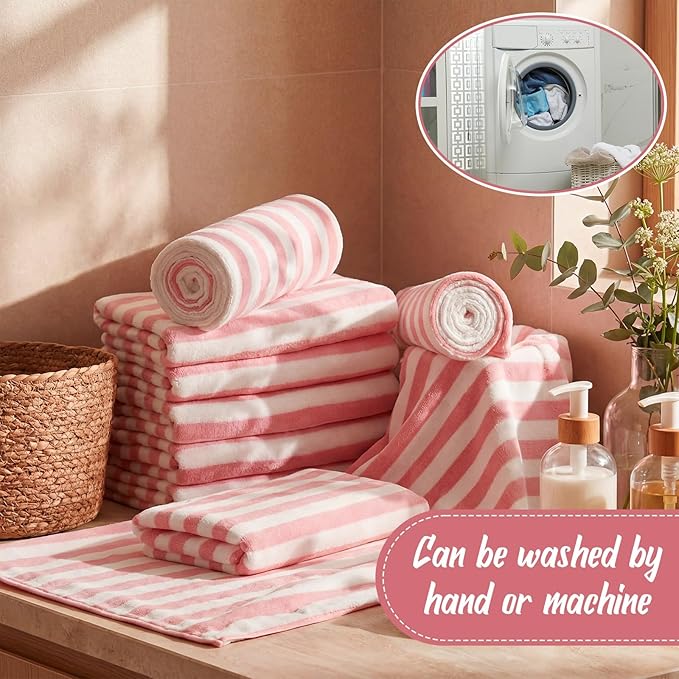 SmoothNovelty 16 Pack Microfiber Bath Towels Bulk 27'' x 60'' Oversized Size Bath Towel Highly Absorbent Extra Large Soft Drying for Beach Shower Summer Salon Sport Gym Party (Stripes,Pink) - Image 4