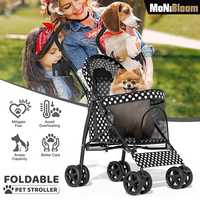 MoNiBloom 4 Wheels Pet Stroller, Easy-Fold Umbrella Shaped Dog Cat Jogger Stroller w/Storage Bag & Visible Mesh for Small/Medium Dogs Cats Black Polka Dots