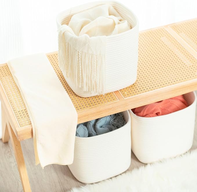 MINTWOOD Design 3-Pack 11x11in Woven Cube Storage Bin and Shelf Baskets, Cute Decorative Square Organizer for Closet, Classroom, Bathroom, Dog and Cat Toys, and Books, Creamy White - Image 6
