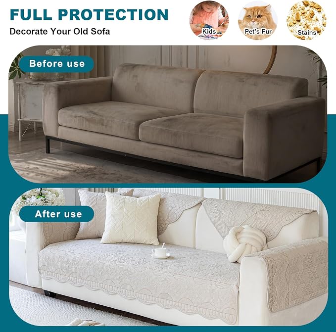 KRFOONN Cotton Quilted Dog Couch Cover for Sofa (03, 2PC 27.6" x 27.6") | Farmhouse Embroidery Sectional Couch Cover Washable, Soft Non Slip Sofa Slipcover Cushion Furniture Protector for Kids, Pets - Image 5